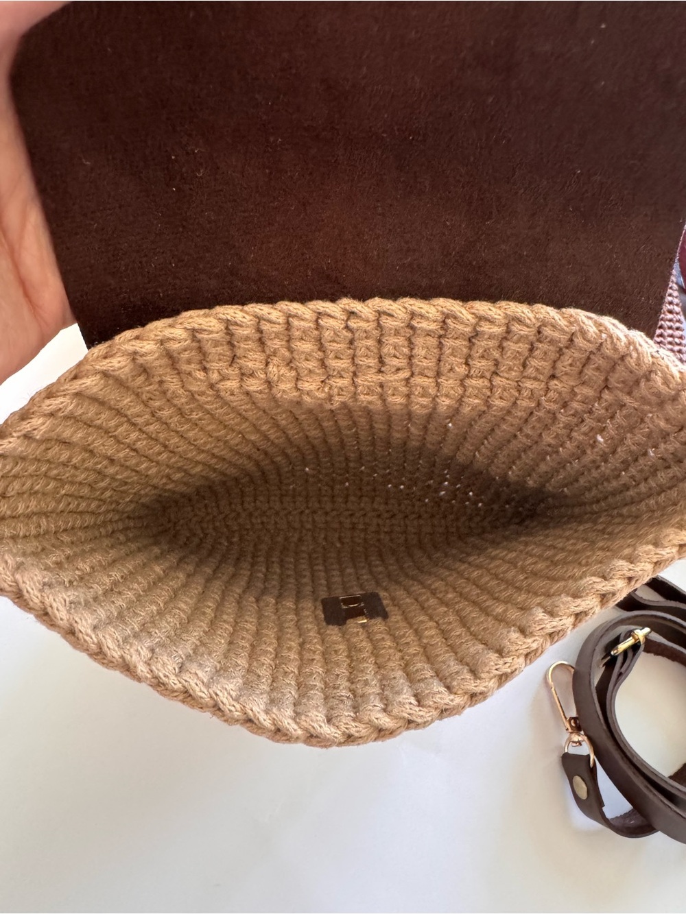 Two-Tone Crochet Wristlet Clutch in Beige and Dark Brown - Picture 4 of 6